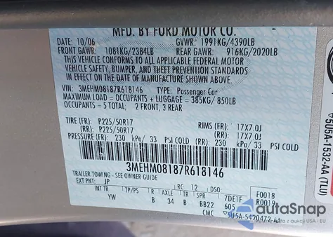 2007 Mercury Milan V6 Premier from USA, damaged, VIN 3MEHM08187R618146